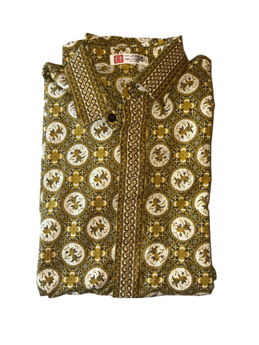 Vintage ADRM Dua Sekawan Indonesian Batik Shirt Mens 3L Brown Gold Button Front